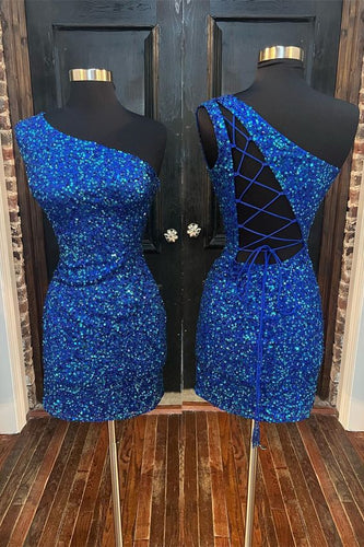 Blue Homecoming Dress 2022 Short Bodycon One Shoulder Corset Back with Sequin