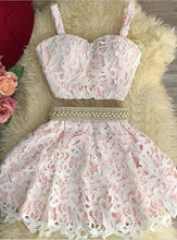 Load image into Gallery viewer, Pink Homecoming Dress 2022 Two Pieces Spaghetti Sleeveless Short A Line with appliques