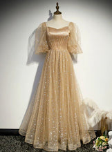 Load image into Gallery viewer, Puffy Sleeves Prom Dress 2023 Champagne Sequined Tulle with Pleats