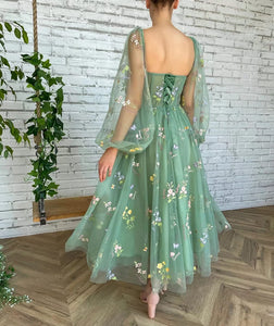 Prom Dress 2023 A-line Square Neck Long Sleeves Tulle Embroidery Floral Puffy