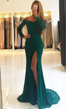 Load image into Gallery viewer, Green Prom Dress 2023 Sheath/Column Off the Shoulder Long Sleeves Lace with Slit