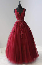 Load image into Gallery viewer, Burgundy Prom Dress 2023 for Women A-line V Neck Puffy Tulle with Pleats Appliques