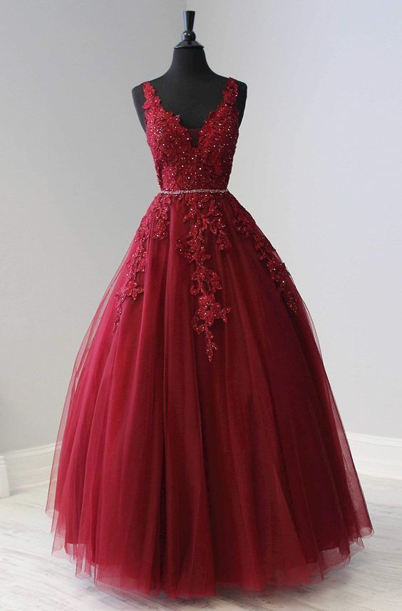 Burgundy Prom Dress 2023 for Women A-line V Neck Puffy Tulle with Pleats Appliques