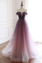 Load image into Gallery viewer, Purple Gradient Prom Dress 2023 Off the Shoulder Horsehair Tulle with Pleats