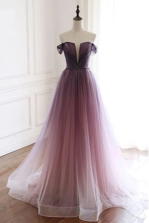 Purple Gradient Prom Dress 2023 Off the Shoulder Horsehair Tulle with Pleats