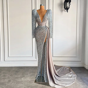 Sequin Long Sliver Prom Dress 2023 Sheath Plunging Neck Beaded  Long Sleeves High Slit