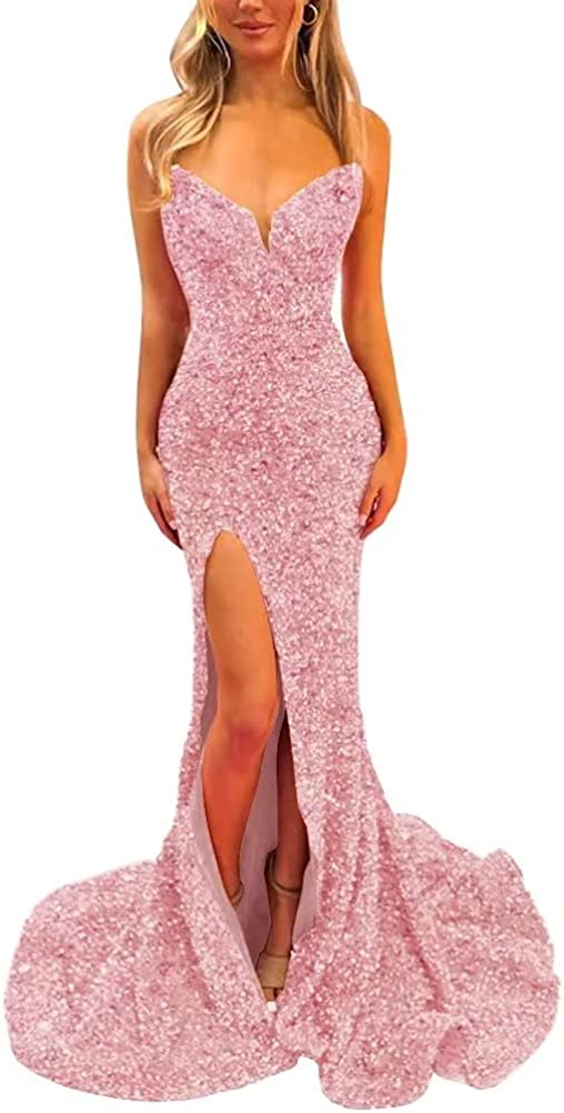 pink prom dress with slit Pink Prom Dress 2023 Mermaid V Neck Corset Back Sleeveless Sequin with Slit 16 / Black