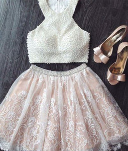 Pearls Ivory Lace Nude Lining Homecoming Dress 2020