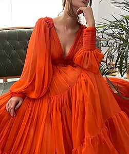 Long Prom Dress 2023 A-line V Neck Puffy Long Sleeves Lace Up Back Tulle with Pleats