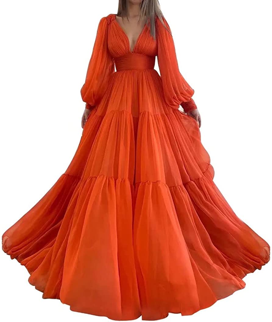 Long Prom Dress 2023 A-Line V Neck Puffy Long Sleeves Lace Up Back Tulle with Pleats 16W / Blue