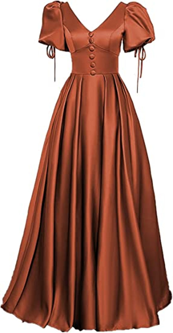 Burnt Orange Prom Dress 2023 V Neck Princess Satin with Pleats Buttons