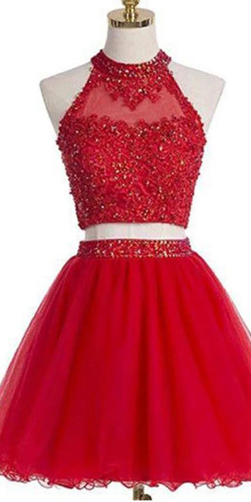 Freshman Homecoming Dress 2021 A Line Sleeveless Halter Two Piece Short Party Dress Illusion Summer