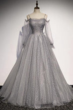 Load image into Gallery viewer, Puffy Sleeves Prom Dress 2023 Grey Sequined Tulle Spaghetti Straps
