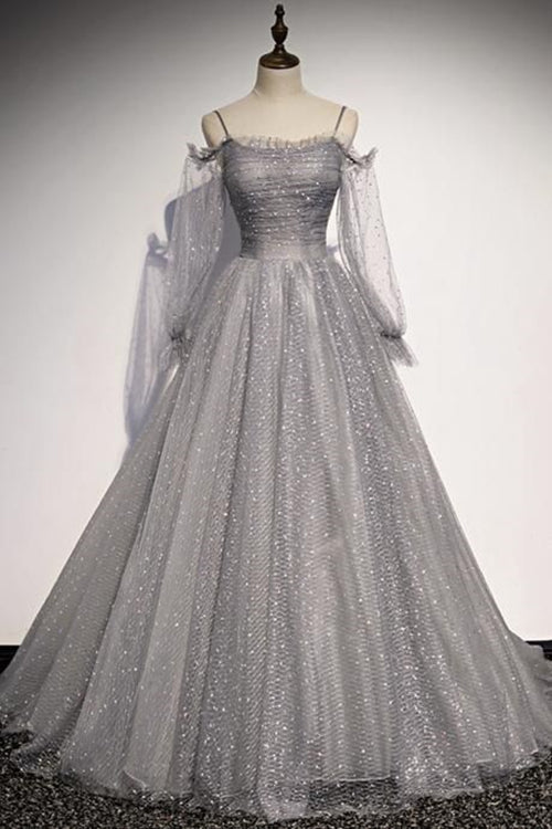 Puffy Sleeves Prom Dress 2023 Grey Sequined Tulle Spaghetti Straps 4 / Custom Color Puffy Sleeves Prom Dress 2023 Grey Sequined Tulle Spaghetti Straps 4 / Custom Color