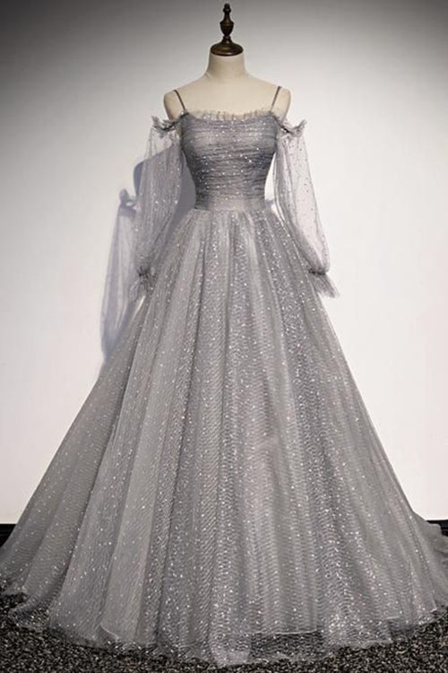 Puffy Sleeves Prom Dress 2023 Grey Sequined Tulle Spaghetti Straps