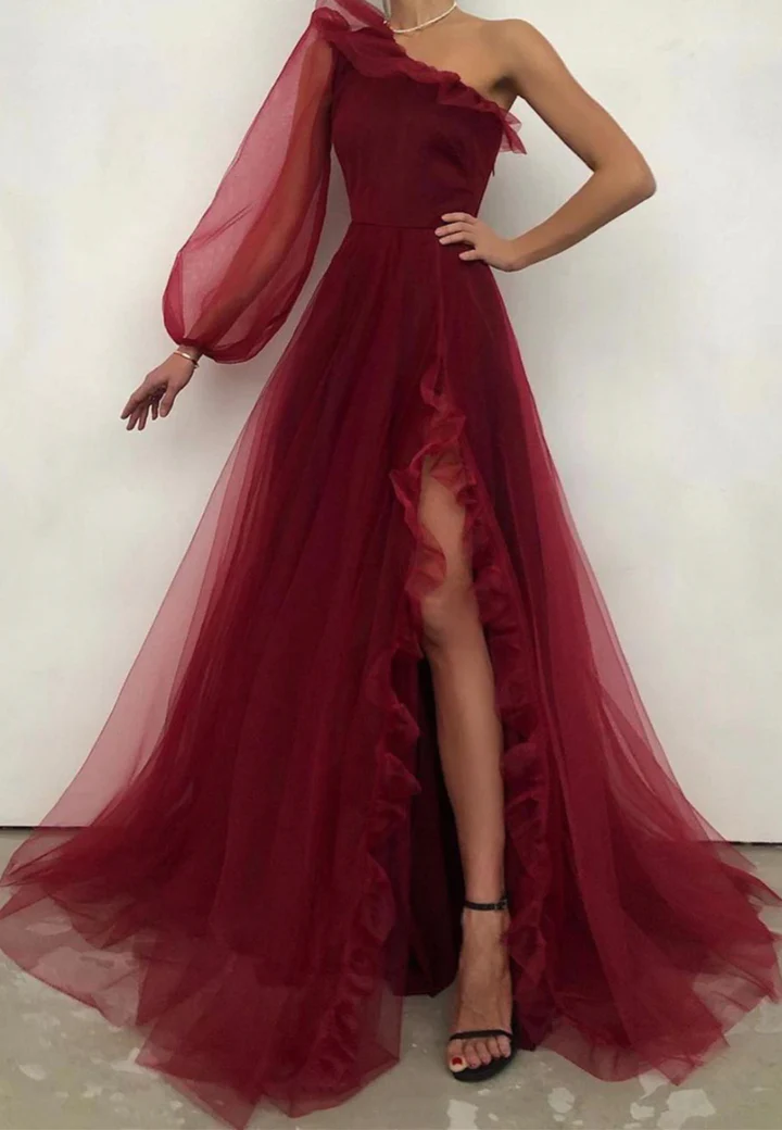 Burgundy Prom Dress 2023 One-shoulder Long Sleeve with Slit