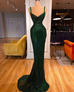 Green Prom Dress 2023 Sexy Sheath/Column Cowl Neck Straps Sequin