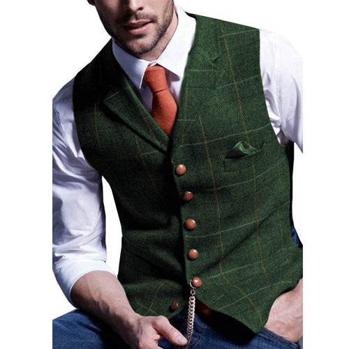 Plaid Mens Vest Made to Order Green Wedding Prom Waistcoat Casual Business Tailored Collar 3 Pockets 6 Buttons