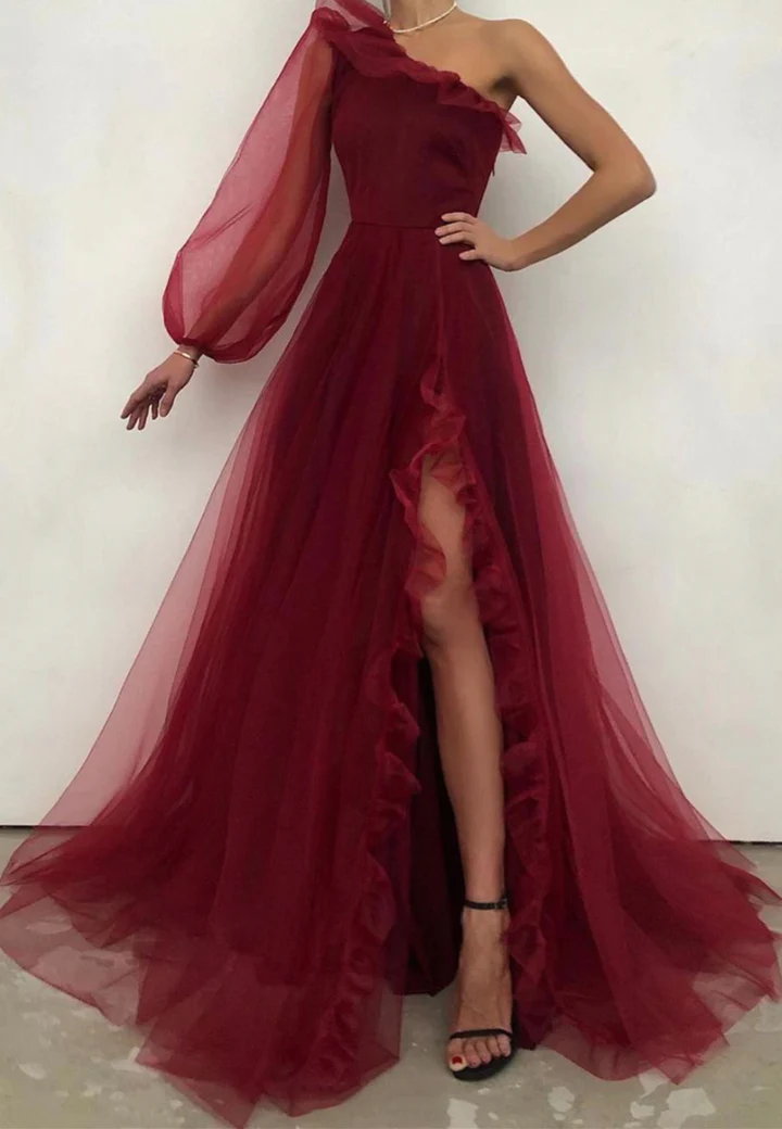 Burgundy Prom Dress 2023 One-shoulder Long Sleeve with Slit AnnaCustomDress Burgundy Prom Dress 2023 One-shoulder Long Sleeve with Slit AnnaCustomDress
