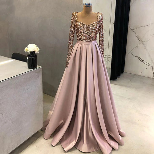 Women's Long Prom Dress 2023 A-line Sweetheart Neck Long Sleeves Satin with Pleats