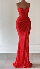 Load image into Gallery viewer, Red Prom Dress 2023 Strapless Sequin with Slit Draping