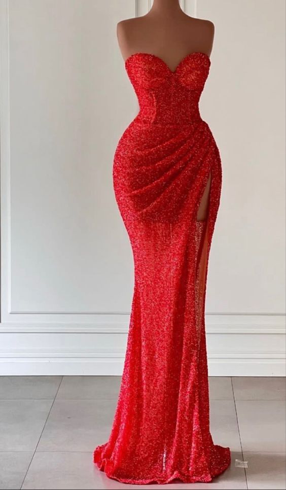 Red Prom Dress 2023 Strapless Sequin with Slit Draping