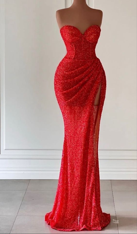 Red Prom Dress 2023 Strapless Sequin with Slit Draping 8 / Green Red Prom Dress 2023 Strapless Sequin with Slit Draping 8 / Green