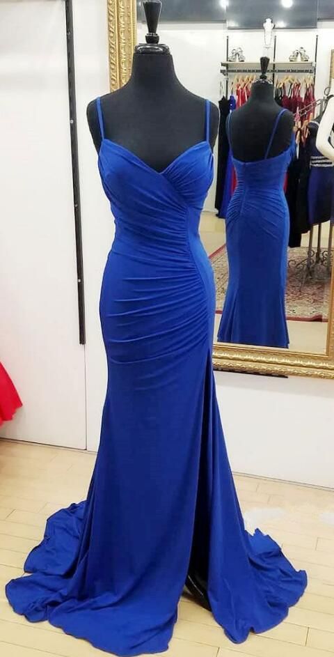 Royal Blue Prom Dress 2023 Spaghetti Straps Jersey with Slit