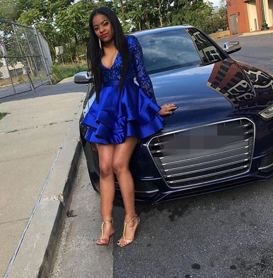 Black Girl Homecoming Dress 2022 Short skirt Long sleeve V Neck tiers with Sparkle 22W / Custom Color Black Girl Homecoming Dress 2022 Short skirt Long sleeve V Neck tiers with Sparkle 22W / Custom Color