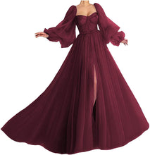 Load image into Gallery viewer, Burgundy Prom Dress 2023 Puffy A-line Sweetheart Neck Long Sleeves Corset Back Tulle with Slit