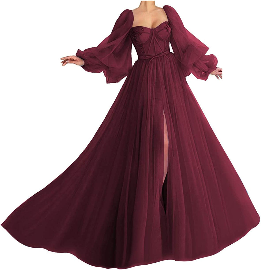 Burgundy Prom Dress 2023 Puffy A-line Sweetheart Neck Long Sleeves Corset Back Tulle with Slit