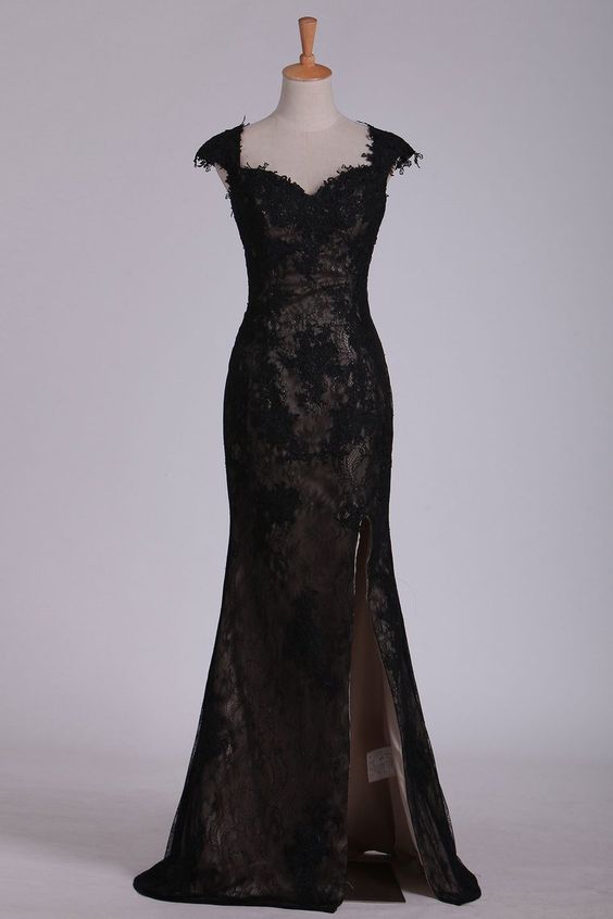 Black Prom Dress 2023 Lace Gap Sleeves with Slit