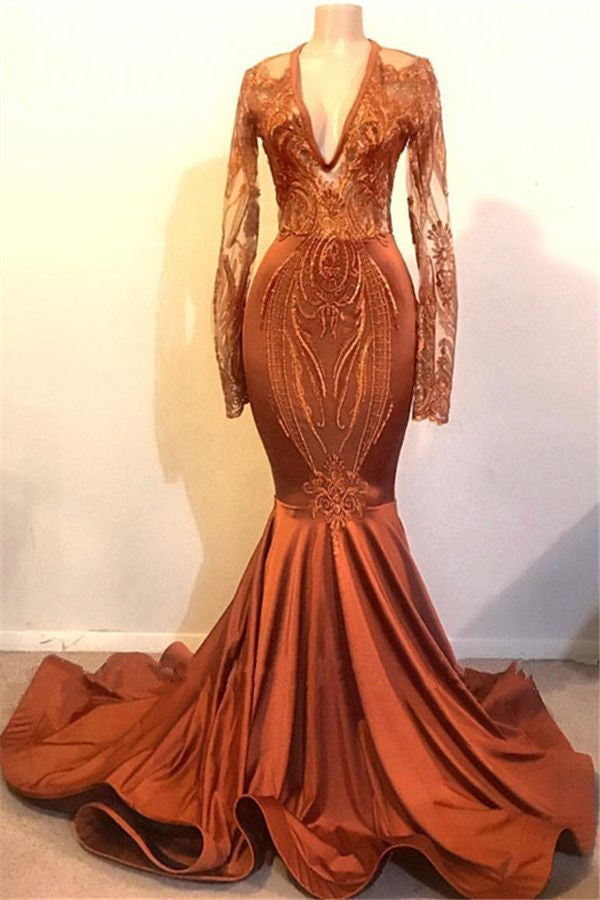 Burnt Orange Prom Dress 2023 V Neck Long Sleeves with Pleats