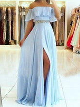 Load image into Gallery viewer, Light Blue Prom Dress 2023 A-line Off the Shoulder Chiffon with Slit