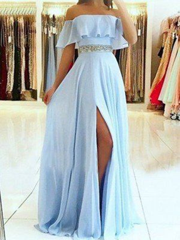 Light Blue Prom Dress 2023 A-line Off the Shoulder Chiffon with Slit
