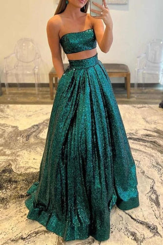 Two pieces Prom Dress 2023 Green A-line Strapless Sequin with Pleats