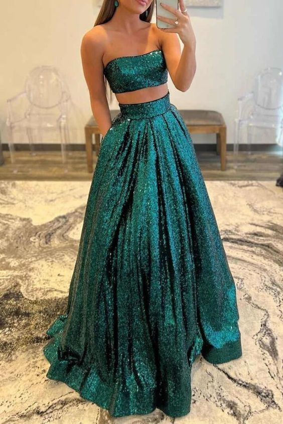 Two pieces Prom Dress 2023 Green A-line Strapless Sequin with Pleats Two pieces Prom Dress 2023 Green A-line Strapless Sequin with Pleats