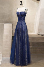 Load image into Gallery viewer, Dark Blue Elegant Prom Dress 2023 A-line Spaghetti Straps Tulle Sequined Sparkle&amp;Shine