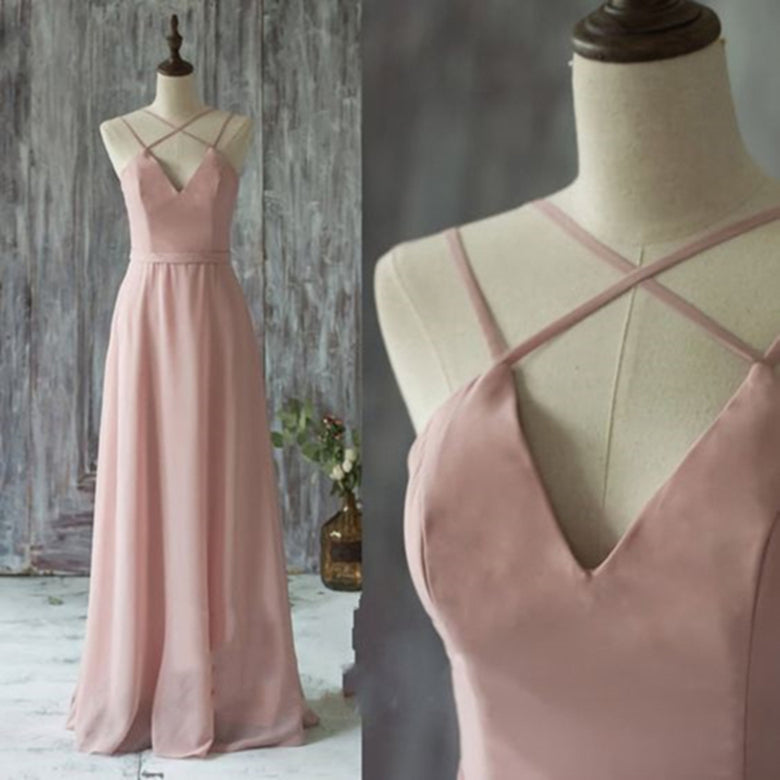 Blush Pink Prom Dress 2023 Solid A-line V Neck Spaghetti Straps Chiffon with Pleats