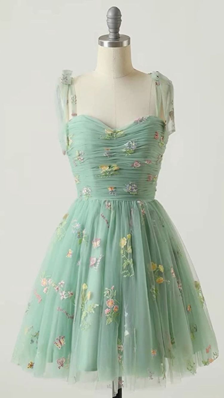 Green Short Prom Dress 2023 Straps Floral Tulle with Pleats 24W / Blue Green Short Prom Dress 2023 Straps Floral Tulle with Pleats 24W / Blue