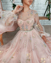 Load image into Gallery viewer, Homecoming Dress 2022 Floral Long See Through Long Sleeves with Tulle