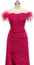 Load image into Gallery viewer, Hot Pink Prom Dress 2023 Mermaid Off the Shoulder Corset Back Slit Sequin with Feathers