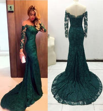 Load image into Gallery viewer, Emerald Green Prom Dress 2021 Off the Shoulder Long Sleeves Lace Evening Dress