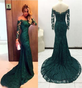 Emerald Green Prom Dress 2021 Off the Shoulder Long Sleeves Lace Evening Dress
