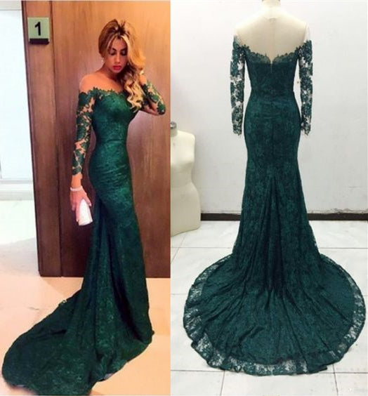 Emerald Green Prom Dress 2021 Off the Shoulder Long Sleeves Lace Evening Dress Custom Color / 8 Emerald Green Prom Dress 2021 Off the Shoulder Long Sleeves Lace Evening Dress Custom Color / 8