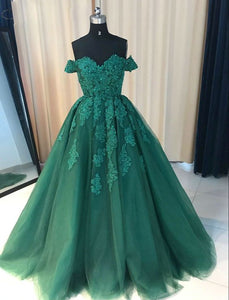 Emerald Green Prom Dress 2021 Ball Gown Lace Appliques Evening Dress Off the Shoulder
