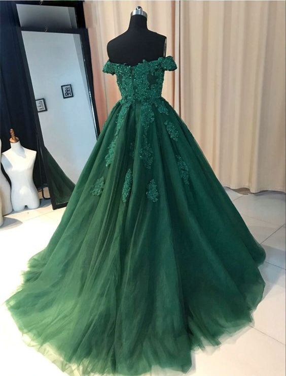 Emerald Green Prom Dress 2021 Ball Gown Lace Appliques Evening Dress O ...