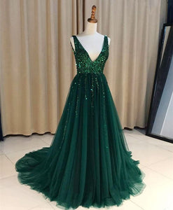 Emerald Green Prom Dress 2021 Sequin Tulle Maxi Evening Dress