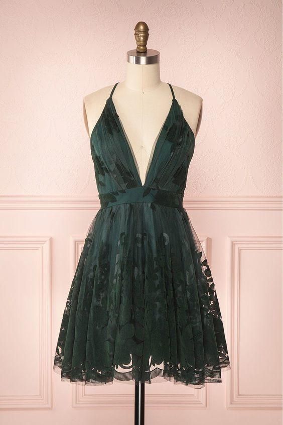 Short Homecoming Dress 2021 A Line V Neck Sleeveless Knee Length Lace –  AnnaCustomDress