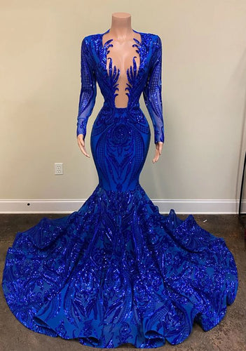 Black Girl Prom Dress 2022 Blue Sequin Mermaid with Long Sleeves